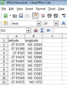 GPS data in spreadsheet